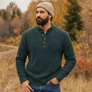 Eddie Bauer Henley Sweater Mens Sz M Green Cotton Chunky Ribbed Knit VTG USA